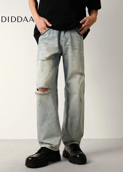 Light Blue Distressed Ripped Jeans with Splash Strokes - Men’s Jeans