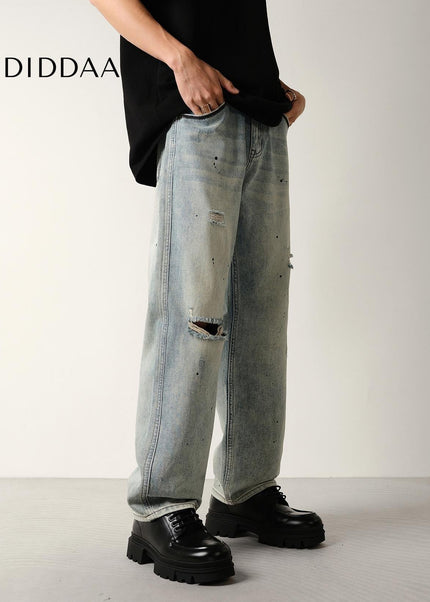 Light Blue Distressed Ripped Jeans with Splash Strokes - Men’s Jeans