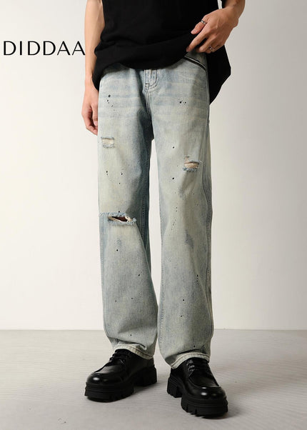 Light Blue Distressed Ripped Jeans with Splash Strokes - Men’s Jeans