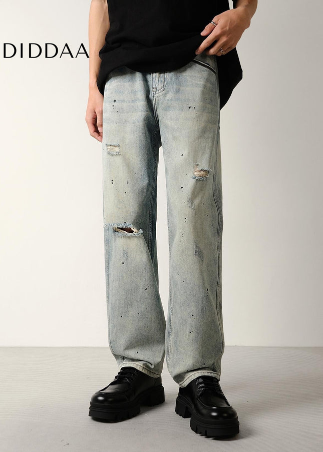 Light Blue Distressed Ripped Jeans with Splash Strokes - Men’s Jeans