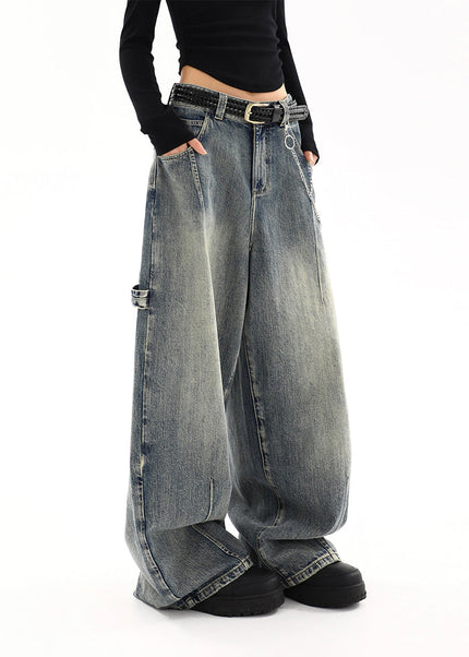 Light Blue Distressed Wide-Leg Cargo Jeans Women - Women’s Jeans