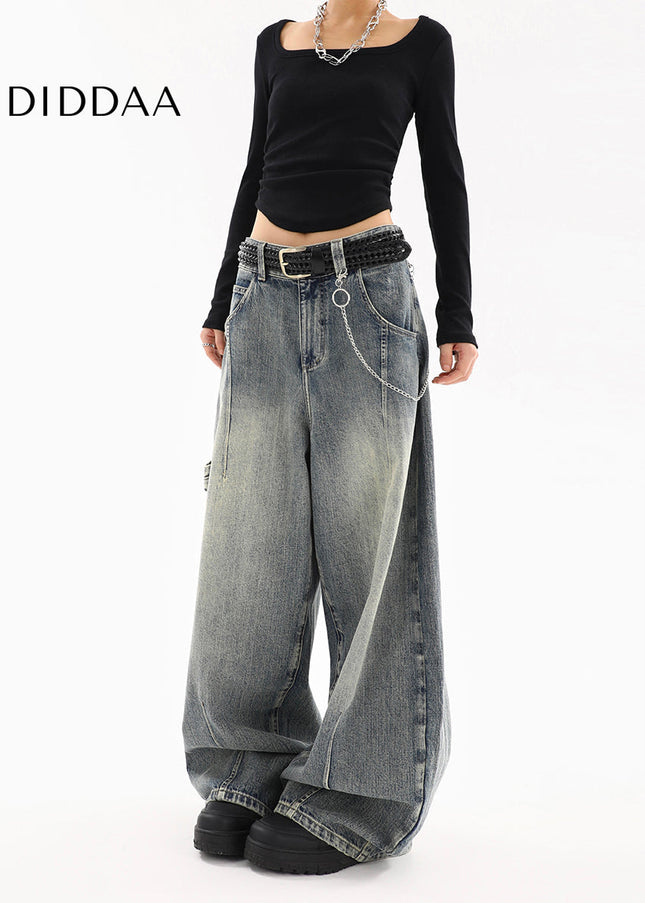 Light Blue Distressed Wide-Leg Cargo Jeans Women - Women’s Jeans