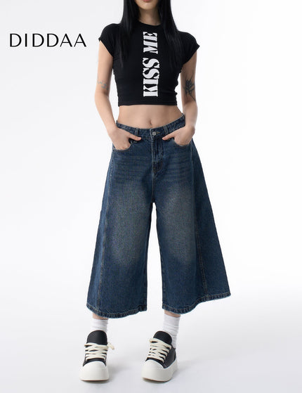 Light Blue Distressed Wide-Leg Cropped Jeans - XS / Dark Blue - Women’s Jeans