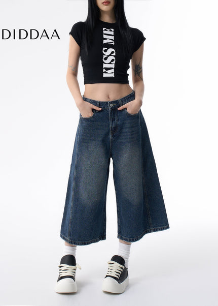 Light Blue Distressed Wide-Leg Cropped Jeans - XS / Dark Blue - Women’s Jeans