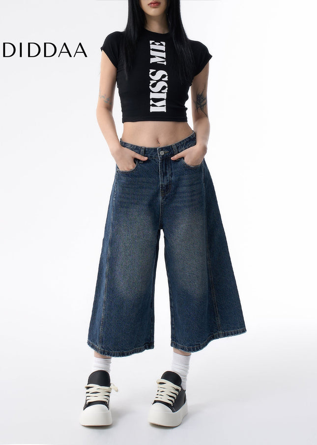 Light Blue Distressed Wide-Leg Cropped Jeans - XS / Dark Blue - Women’s Jeans