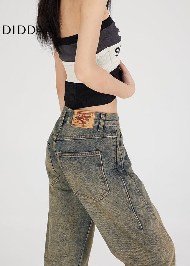 Light Blue Distressed Wide-Leg Jeans with Slimmed Stitching - Women’s Jeans