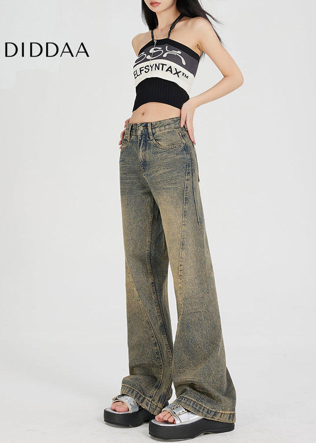 Light Blue Distressed Wide-Leg Jeans with Slimmed Stitching - Women’s Jeans