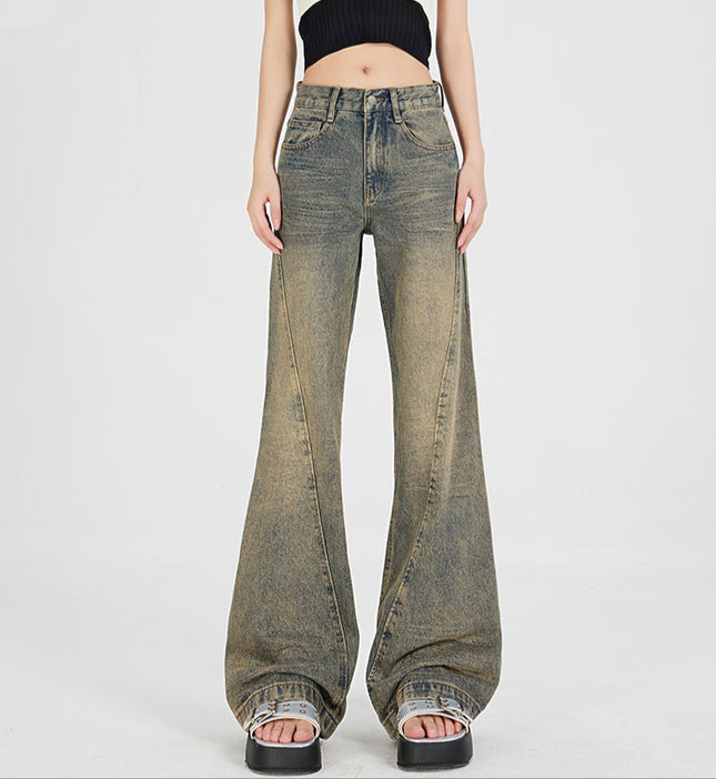 Light Blue Distressed Wide-Leg Jeans with Slimmed Stitching - Women’s Jeans