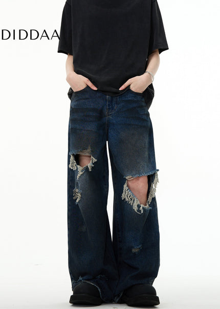 Light Blue Distressed Wide Leg Mop Jeans - Men’s Jeans