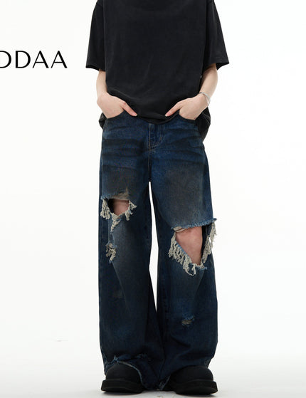 Light Blue Distressed Wide Leg Mop Jeans - S / Dark Blue - Men’s Jeans