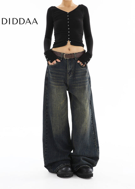 Light Blue Distressed Wide-Legged Straight-Leg Jeans - Women’s Jeans