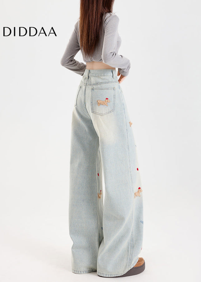 Light Blue Embroidered Cartoon Dachshund Wide Leg Jeans - Women’s Jeans