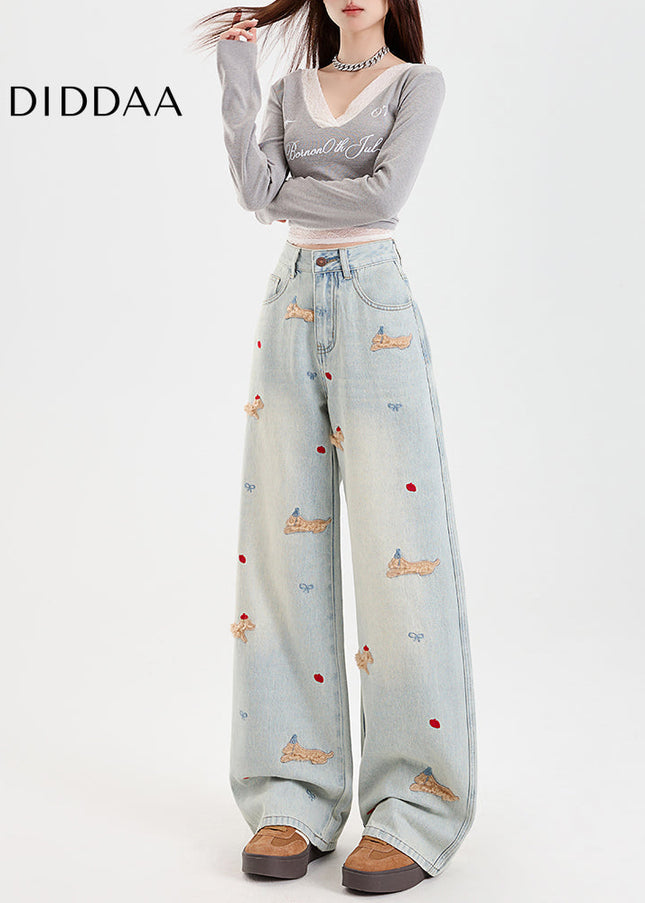 Light Blue Embroidered Cartoon Dachshund Wide Leg Jeans - Women’s Jeans