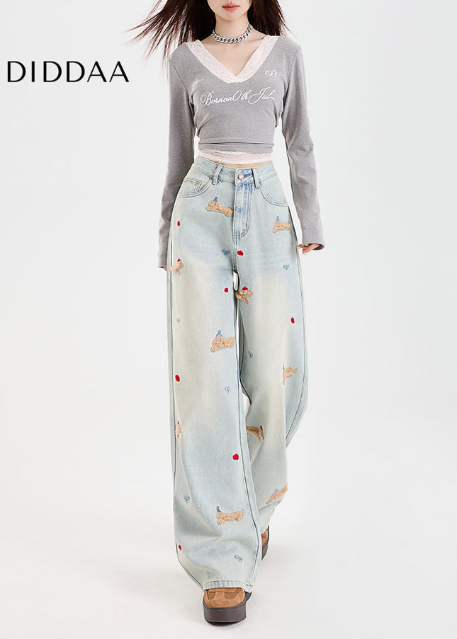 Light Blue Embroidered Cartoon Dachshund Wide Leg Jeans - Women’s Jeans