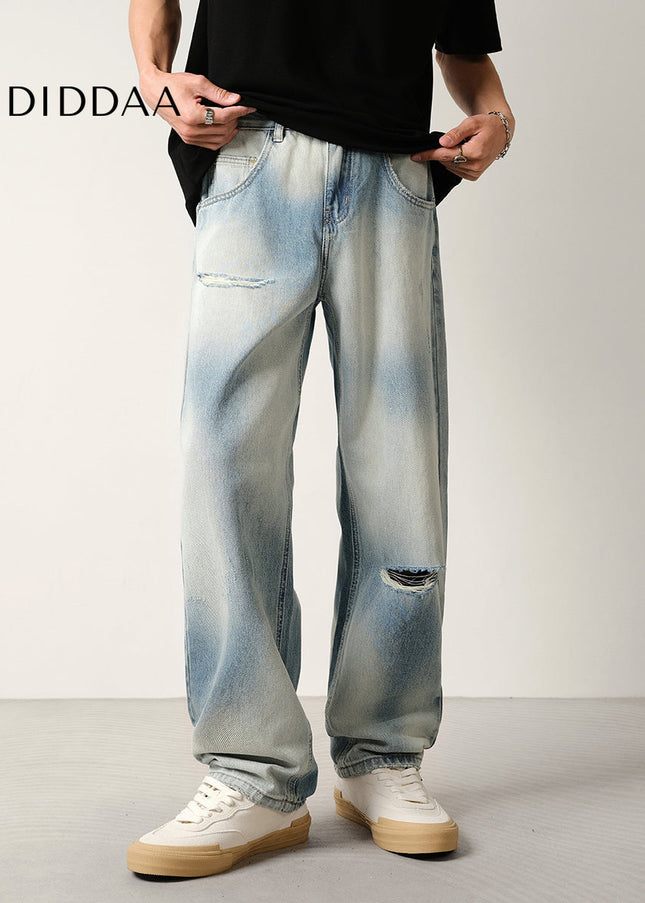 Light Blue Gradient Ripped Jeans Men’s Loose Drape Pants - Men’s Jeans