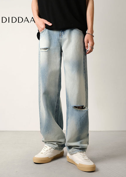 Light Blue Gradient Ripped Jeans Men’s Loose Drape Pants - Men’s Jeans