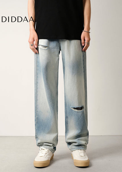 Light Blue Gradient Ripped Jeans Men’s Loose Drape Pants - Men’s Jeans