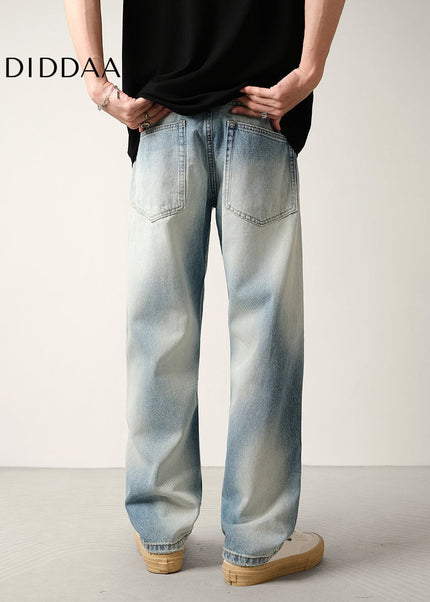 Light Blue Gradient Ripped Jeans Men’s Loose Drape Pants - Men’s Jeans