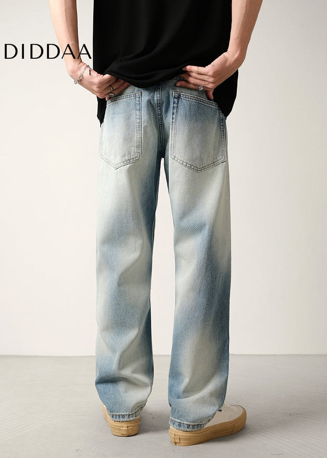 Light Blue Gradient Ripped Jeans Men’s Loose Drape Pants - Men’s Jeans