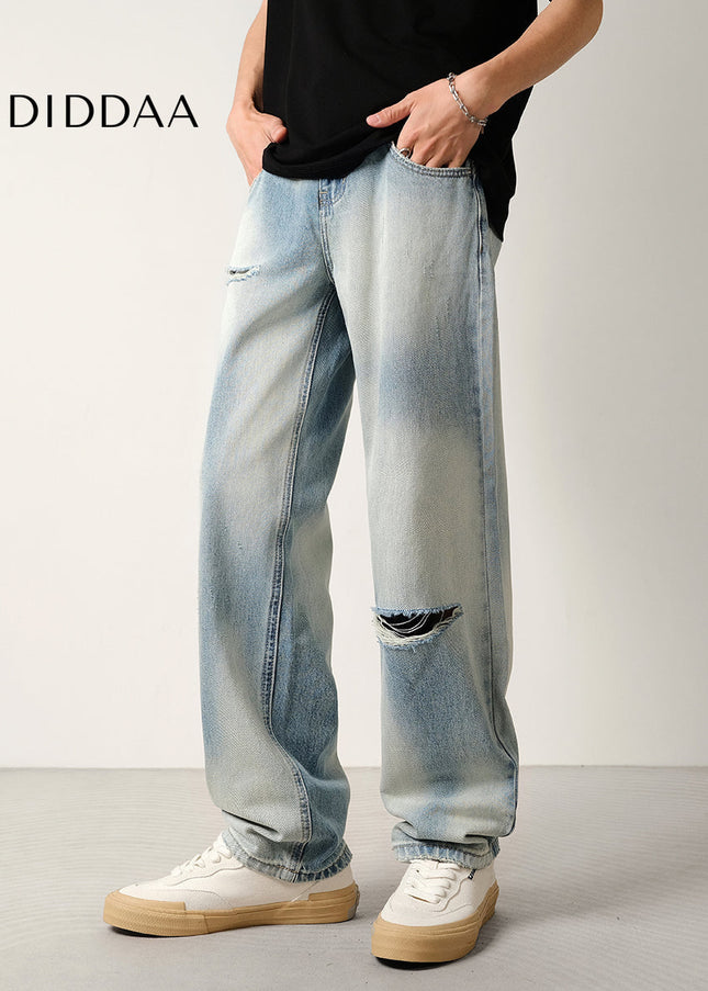 Light Blue Gradient Ripped Jeans Men’s Loose Drape Pants - Men’s Jeans