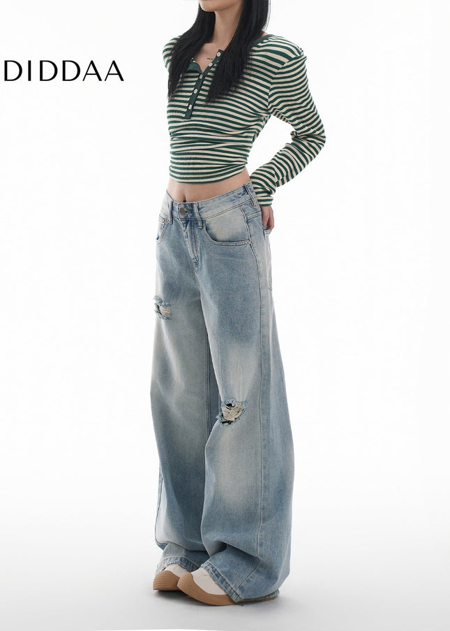 Light Blue High Street Wide Leg Mop Jeans with Holes - Women’s Jeans
