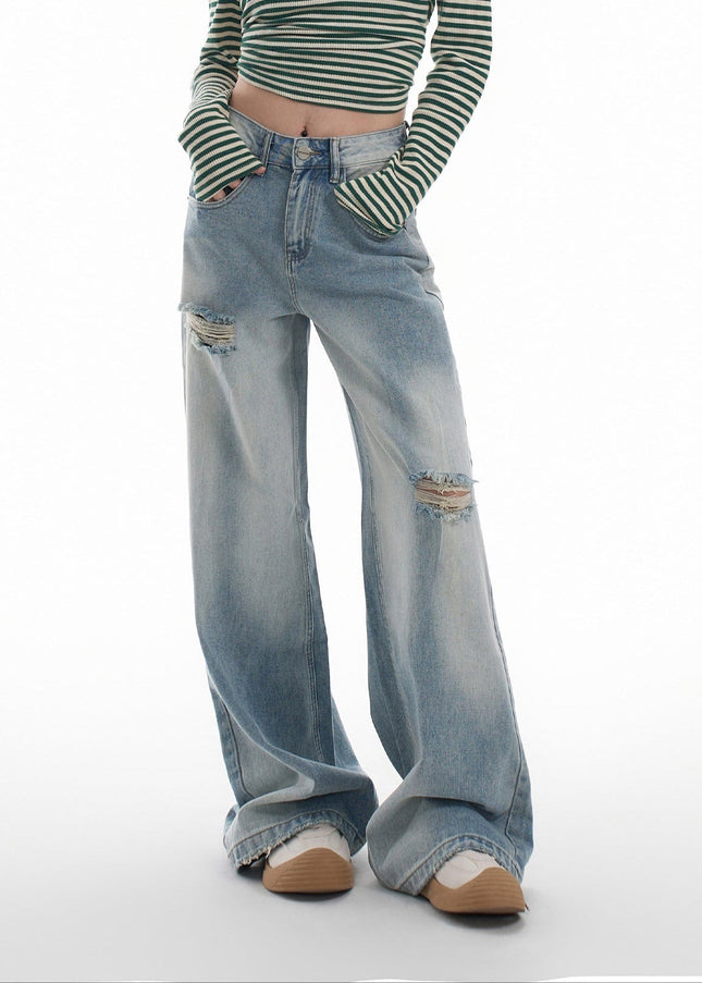 Light Blue High Street Wide Leg Mop Jeans with Holes - Women’s Jeans