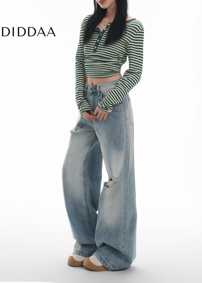 Light Blue High Street Wide Leg Mop Jeans with Holes - Women’s Jeans
