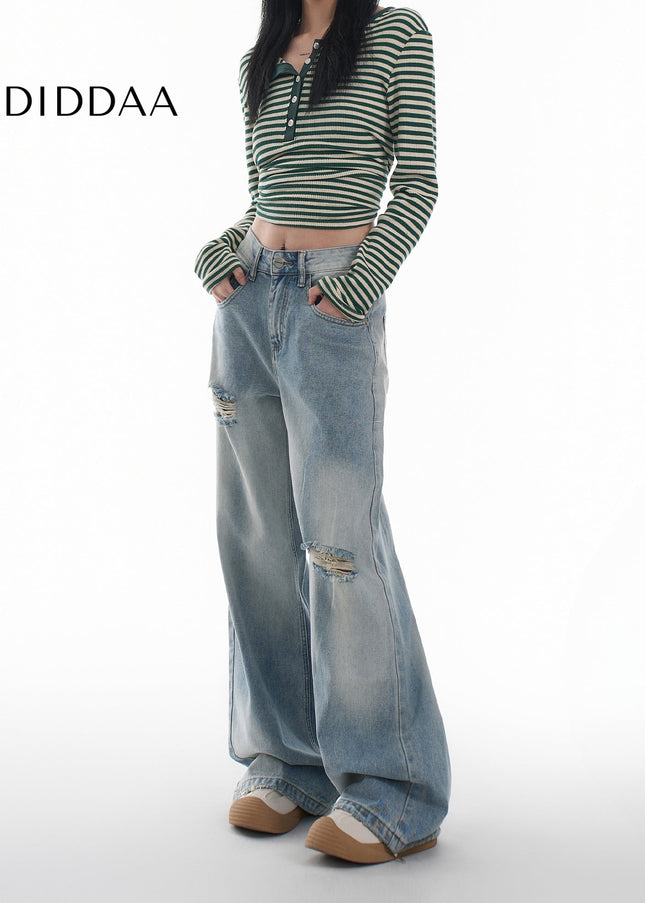 Light Blue High Street Wide Leg Mop Jeans with Holes - Women’s Jeans