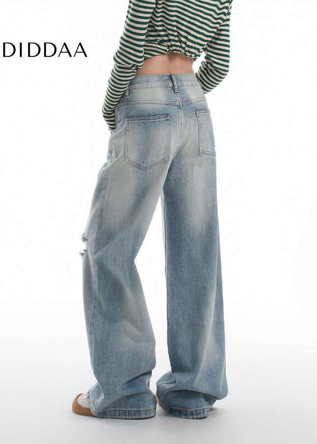 Light Blue High Street Wide Leg Mop Jeans with Holes - Women’s Jeans
