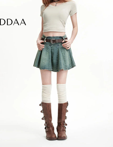 Light Blue High Waist Slim A-Line Pleated Denim Skirt - S / Blue - Skirts