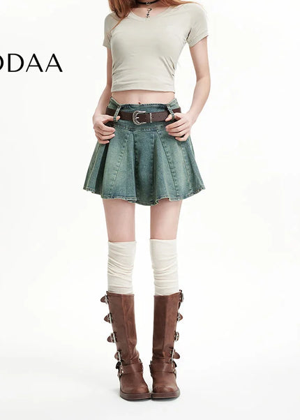 Light Blue High Waist Slim A-Line Pleated Denim Skirt - S / Blue - Skirts