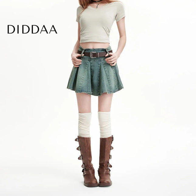 Light Blue High Waist Slim A-Line Pleated Denim Skirt - S / Blue - Skirts