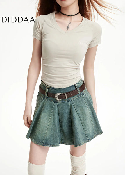 Light Blue High Waist Slim A-Line Pleated Denim Skirt - Skirts