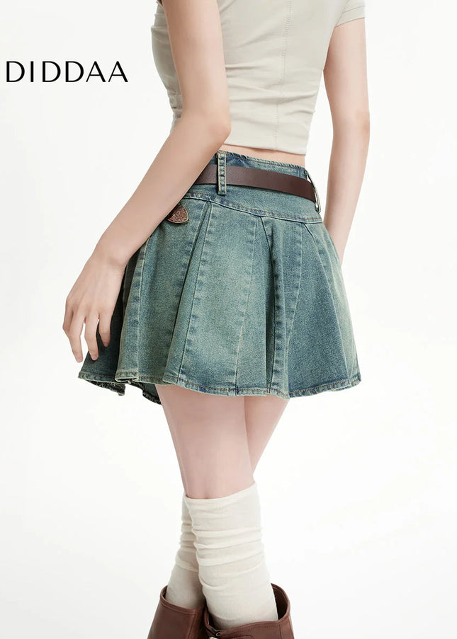 Light Blue High Waist Slim A-Line Pleated Denim Skirt - Skirts