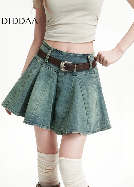 Light Blue High Waist Slim A-Line Pleated Denim Skirt - Skirts