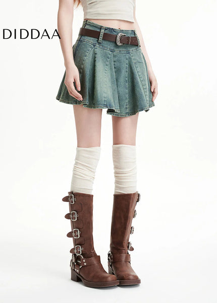 Light Blue High Waist Slim A-Line Pleated Denim Skirt - Skirts