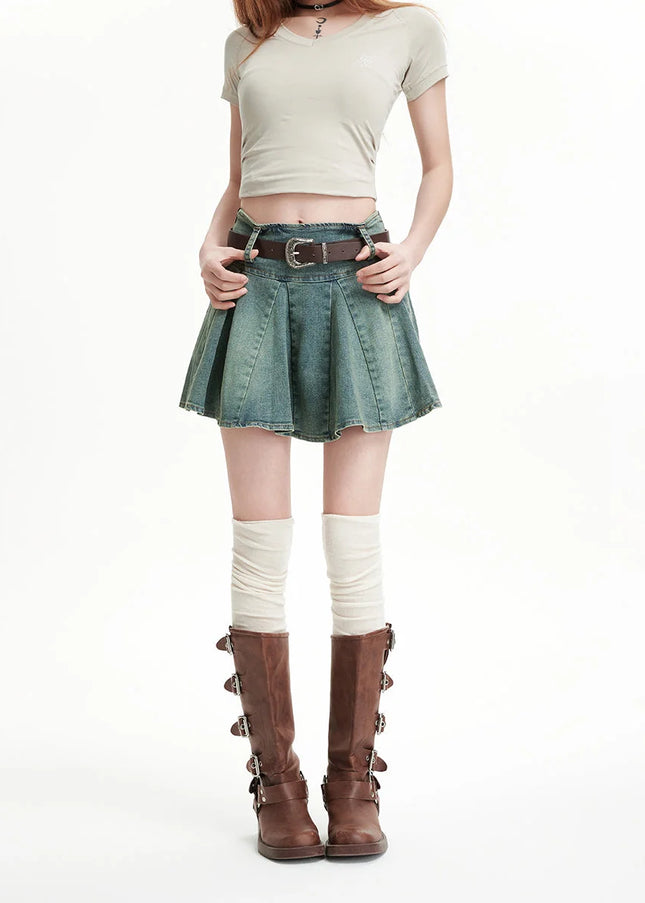 Light Blue High Waist Slim A-Line Pleated Denim Skirt - Skirts