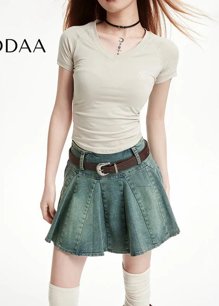 Light Blue High Waist Slim A-Line Pleated Denim Skirt - Skirts