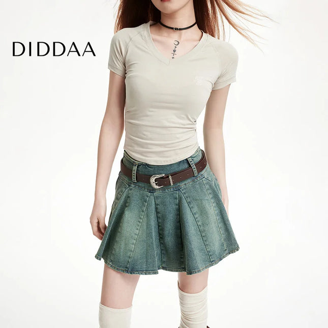 Light Blue High Waist Slim A-Line Pleated Denim Skirt - Skirts