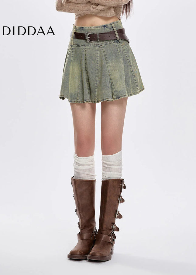 Light Blue High Waist Slim Retro Pleated Denim Skirt - Skirts