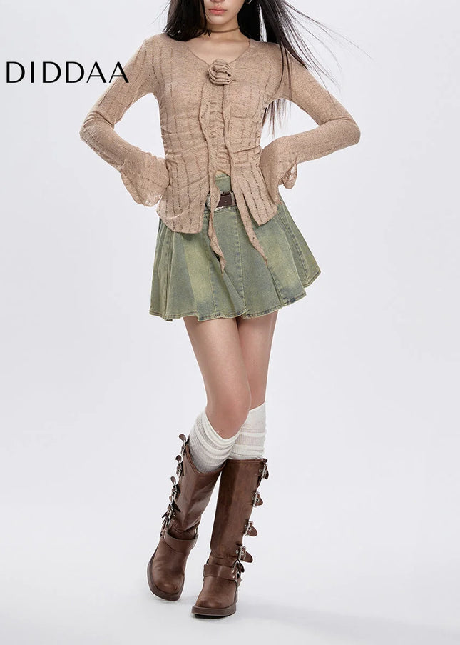 Light Blue High Waist Slim Retro Pleated Denim Skirt - Skirts