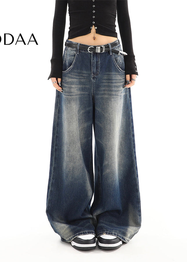 Light Blue High-Waisted Distressed Straight Leg Jeans - S / Dark Blue - Women’s Jeans