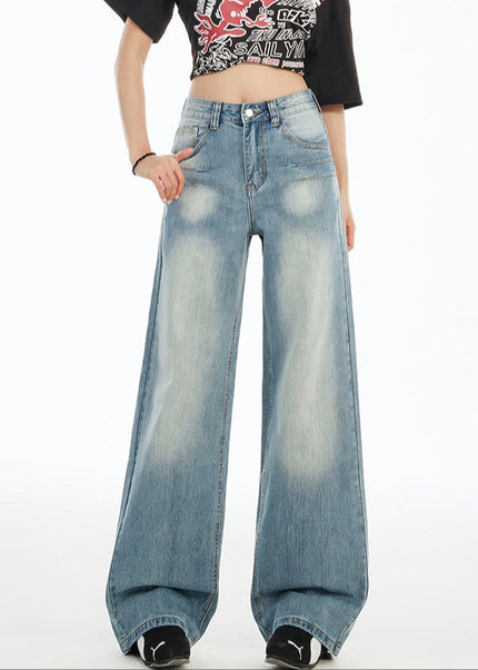 Light Blue High-Waisted Embroidered Wide-Leg Jeans - Women’s Jeans