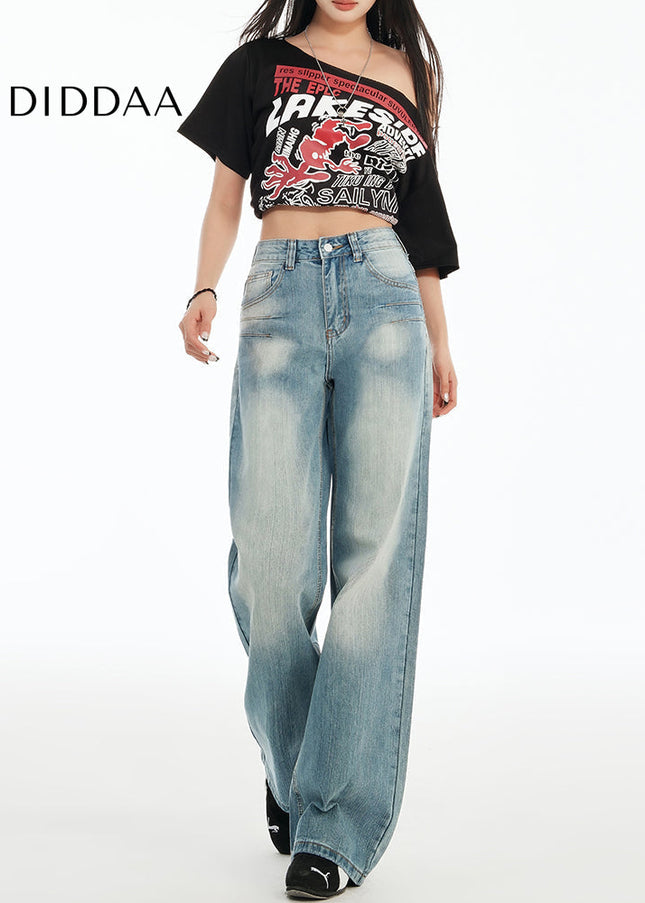 Light Blue High-Waisted Embroidered Wide-Leg Jeans - Women’s Jeans