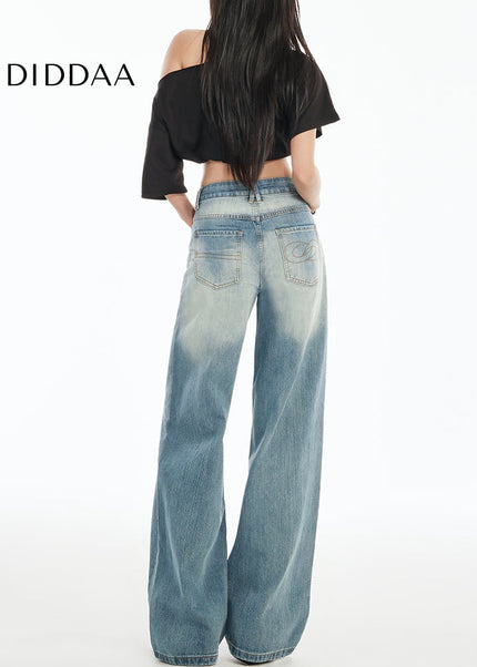 Light Blue High-Waisted Embroidered Wide-Leg Jeans - Women’s Jeans