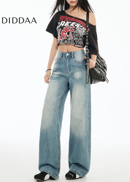 Light Blue High-Waisted Embroidered Wide-Leg Jeans - Women’s Jeans
