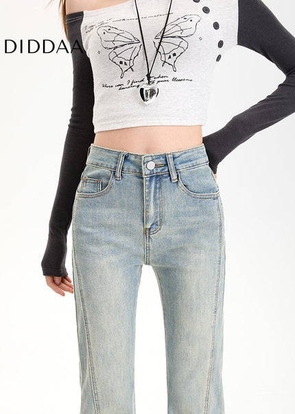 Light Blue High-Waisted Flared Pants with Raw Edge - Women’s Jeans