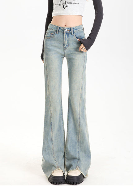 Light Blue High-Waisted Flared Pants with Raw Edge - Women’s Jeans