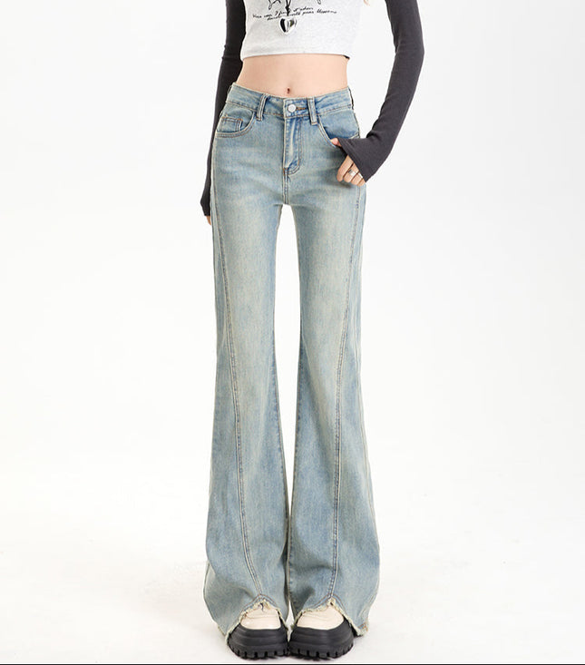 Light Blue High-Waisted Flared Pants with Raw Edge - Women’s Jeans