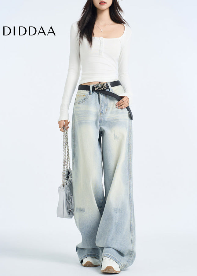Light Blue High-Waisted Frayed Wide-Leg Jeans - Women’s Jeans